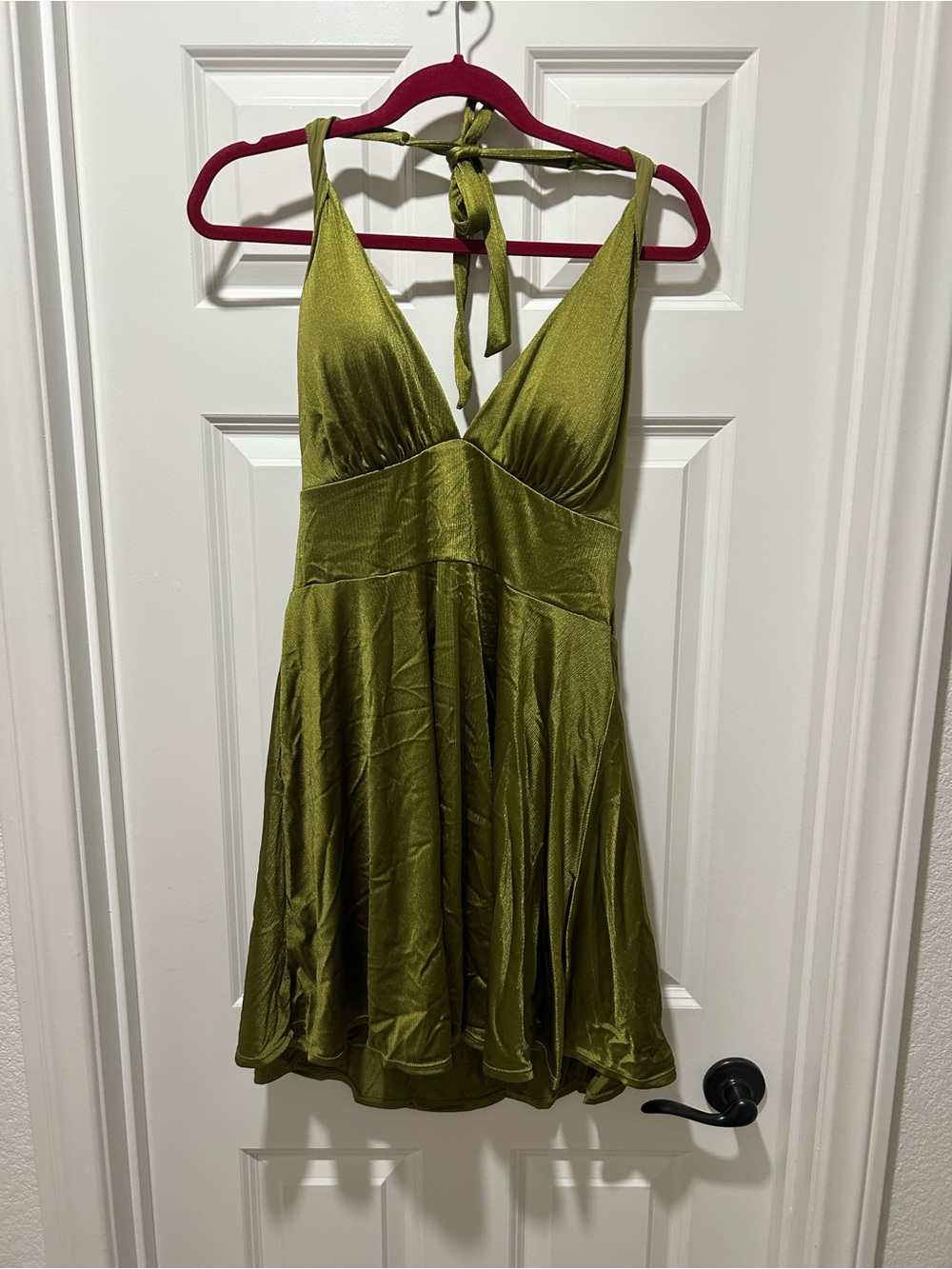 Olive Halter V-Neck Mini Dress